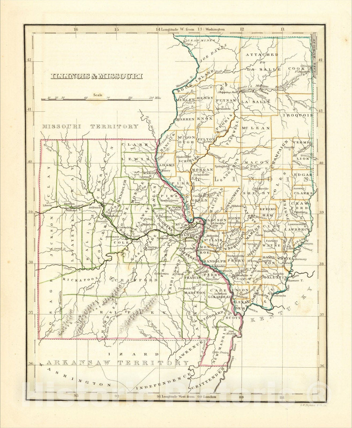 Historic Map : Illinois and Missouri, 1835, Thomas Gamaliel Bradford, Vintage Wall Art
