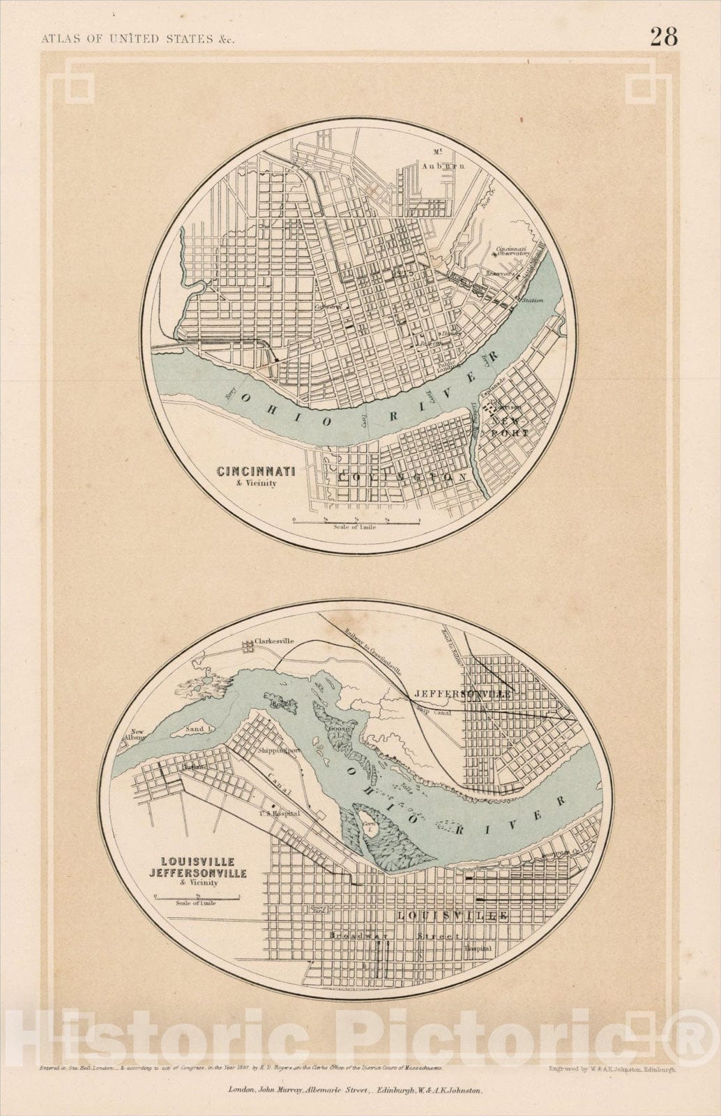 Historic Map : Cincinnati & Vicinity (and) Louisville Jeffersonville & Vicinity, 1857, Henry Darwin Rogers, Vintage Wall Art