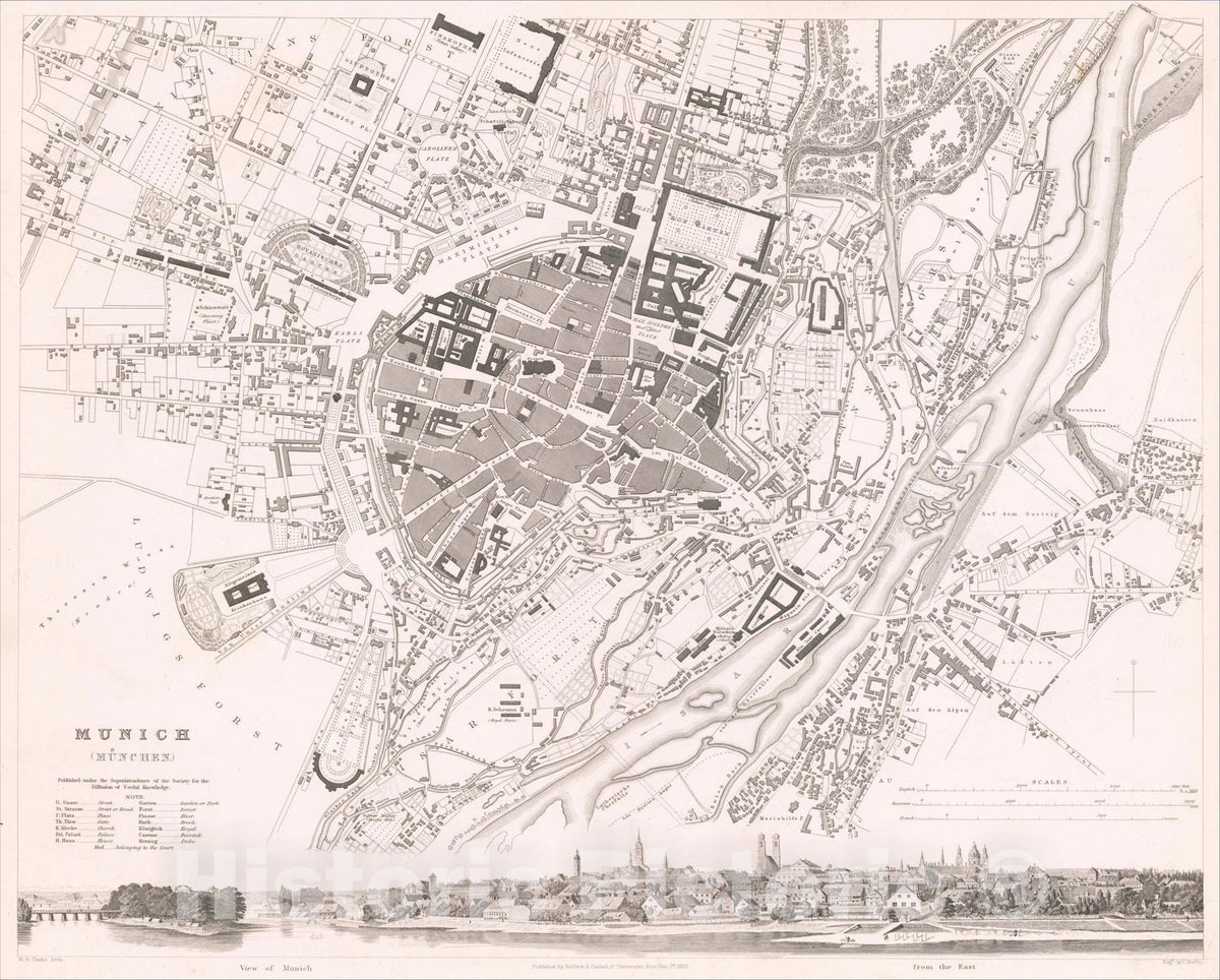 Historic Map : Munich [M?nchen], 1832, Society for the Diffusion of Useful Knowledge, Vintage Wall Art
