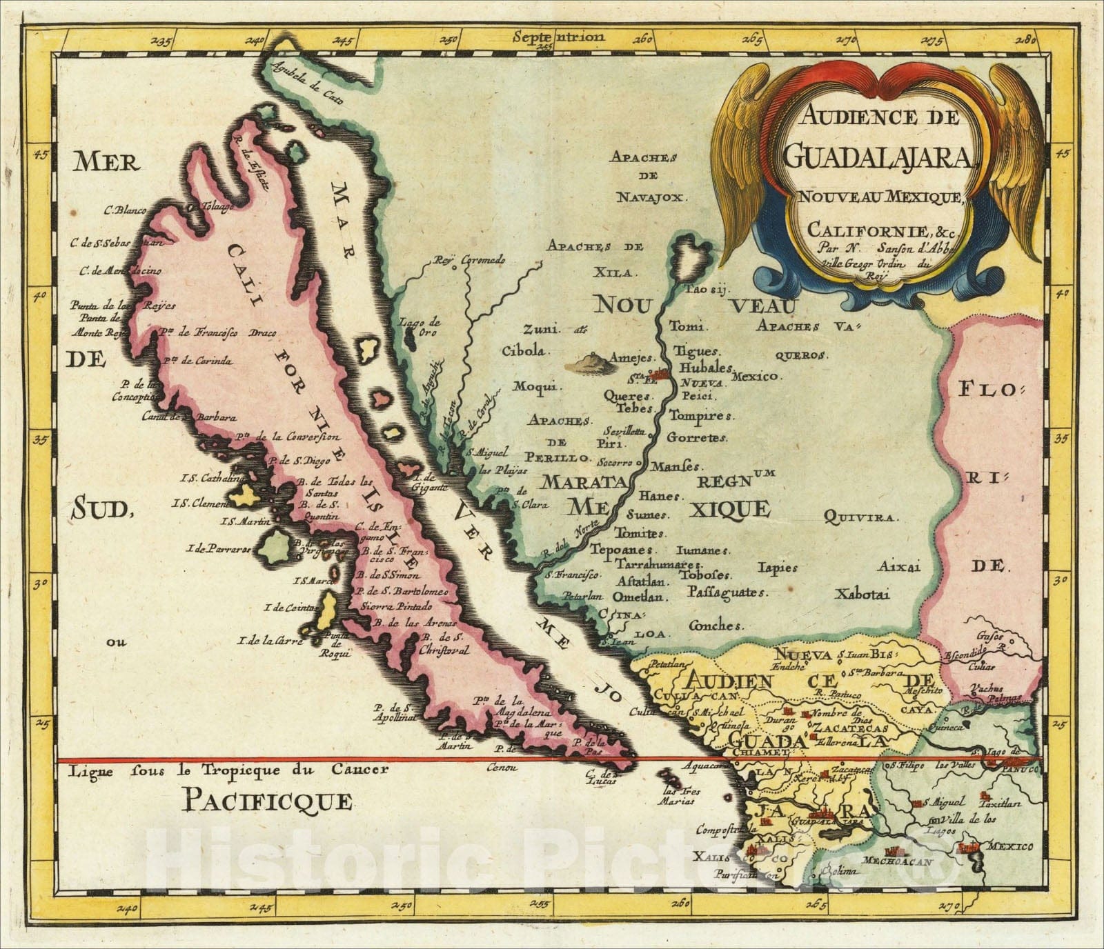 Historic Map : Audience De Guadalajara, Nouveau Mexique, Californie, &c, 1670, Nicolas Sanson, Vintage Wall Art