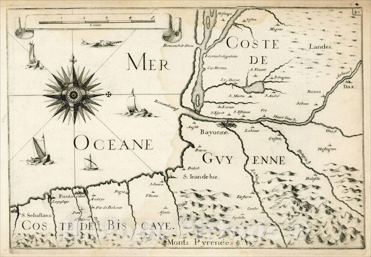 Historic Map : Coste de Guyenne (San Sebastien to Hossegor), 1634, Christopher Tassin, Vintage Wall Art