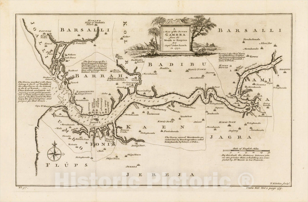 Historic Map : A Map of the River Gambra from it's Mouth to Eropin, 1745, Captn. John Leach, Vintage Wall Art