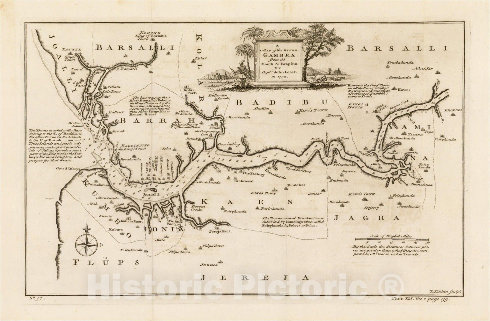 Historic Map : A Map of the River Gambra from it's Mouth to Eropin, 1745, Captn. John Leach, Vintage Wall Art