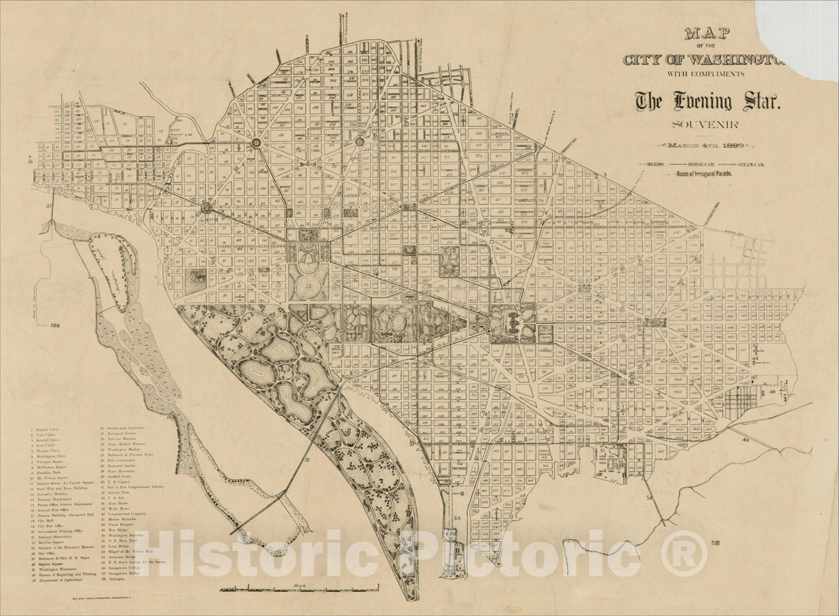 Historic Map : Map of the City of Washington with Compliments of The Evening Star., 1889, , Vintage Wall Art