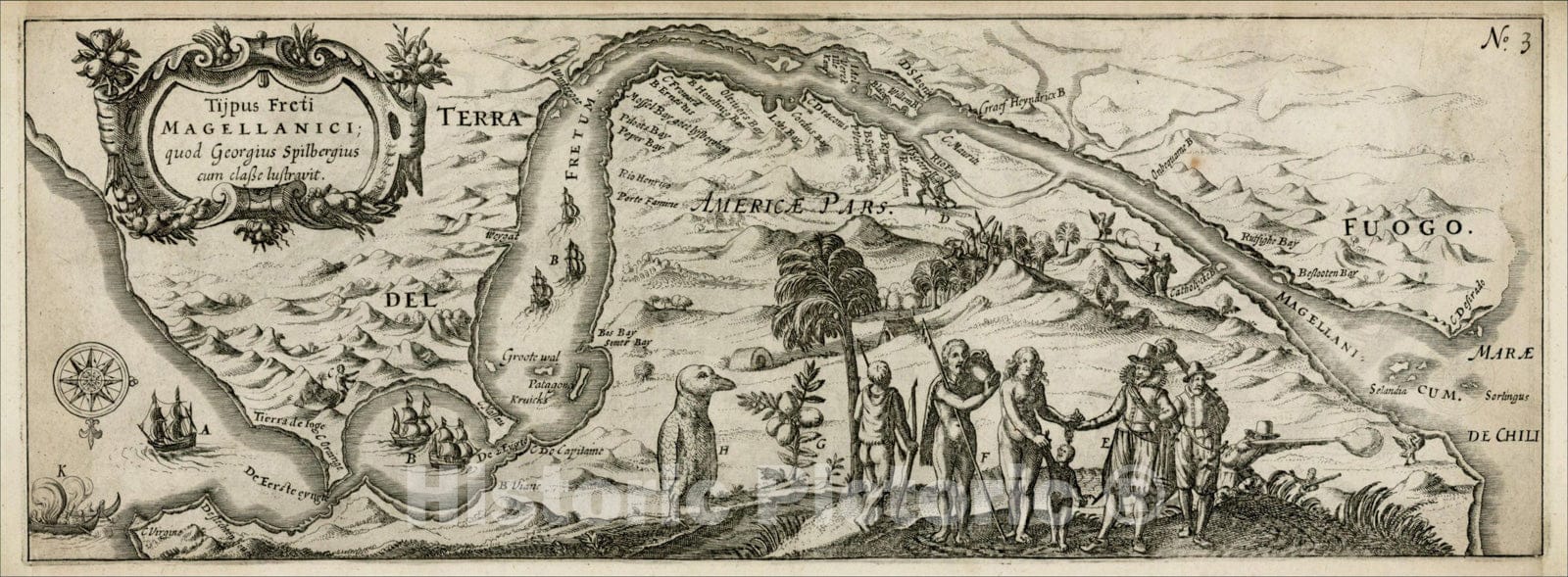 Historic Map : Tijpus Freti Magellanici; quod Georgius Spilbergius cum Classe lustravit, 1646, I. Commelyn, Vintage Wall Art