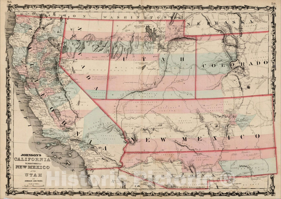 Historic Map : Johnson's California, Territories of New Mexico and Utah, 1862, Benjamin Ward, Vintage Wall Art