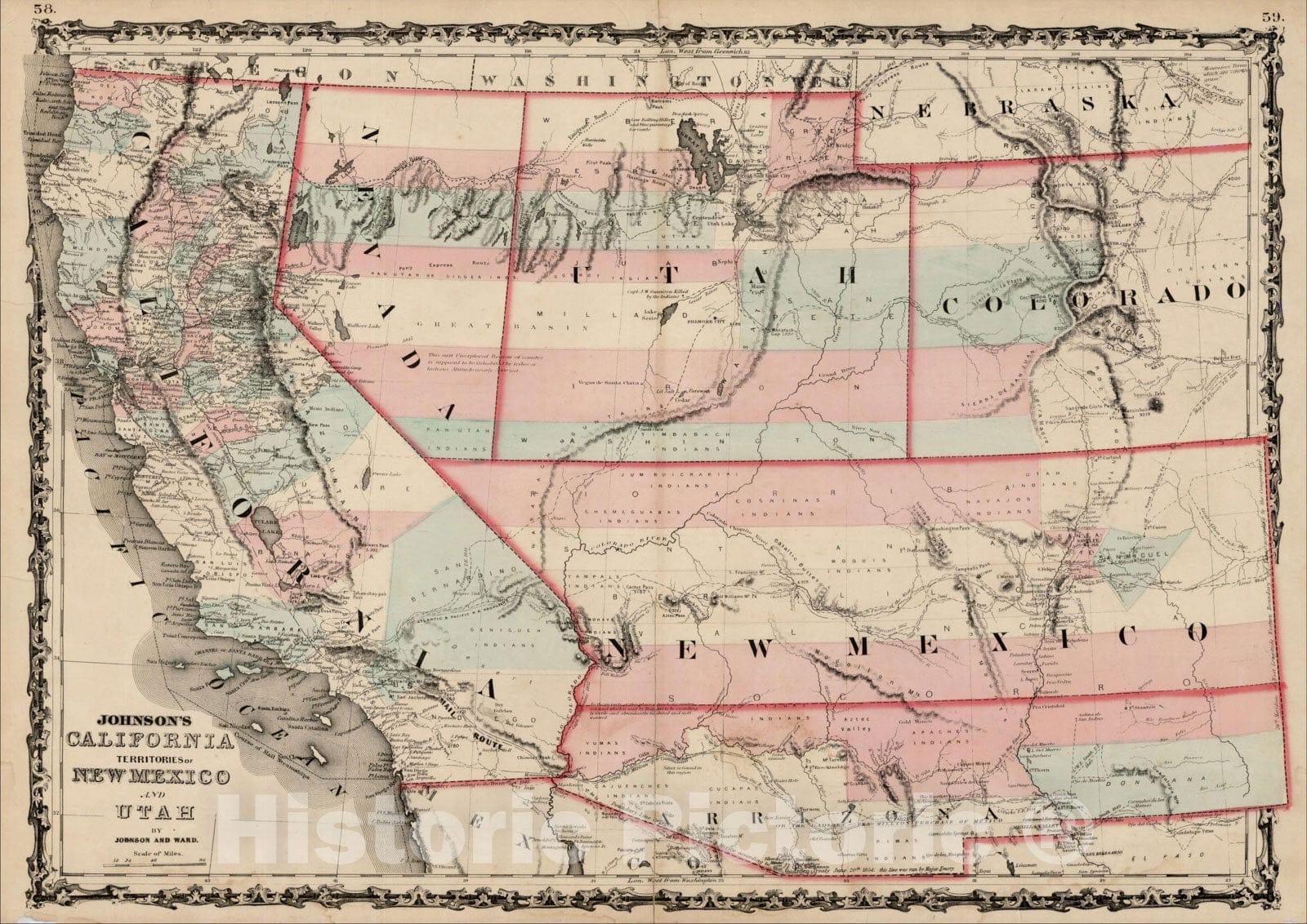 Historic Map : Johnson's California, Territories of New Mexico and Utah, 1862, Benjamin Ward, Vintage Wall Art