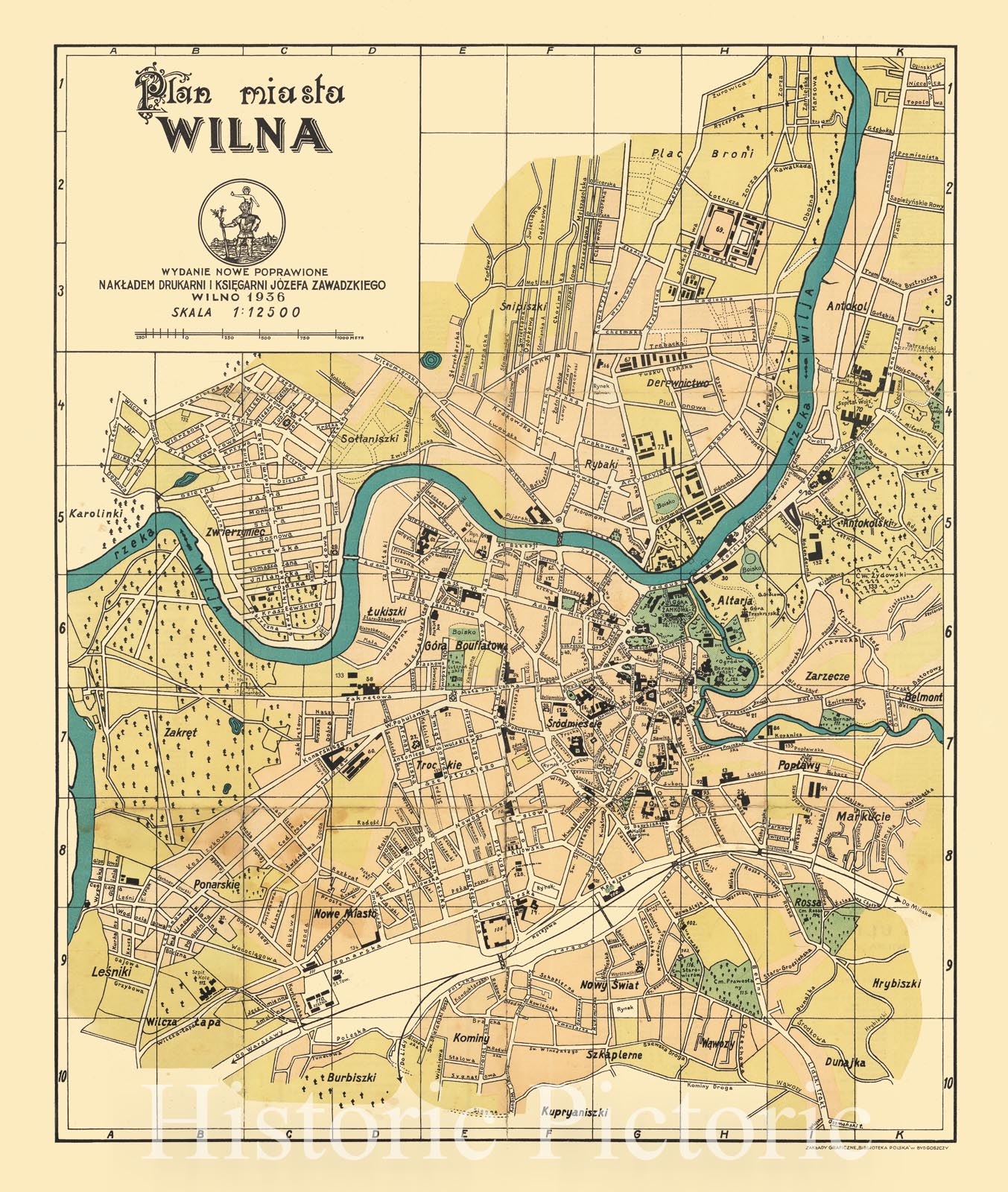 Historic Map : Vilnius under Polish Rule - Plan miasta Wilna Wydanie Nowe Poprawione Nakladem Drukarni, 1936, J?ef Zawadzki's Printing and Bookshop, Vintage Wall Art