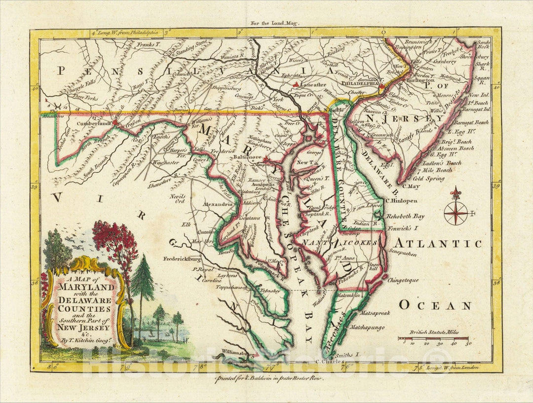 Historic Map : A Map of Maryland with the Delaware Counties and the Southern Part of New Jersey andc., 1757, London Magazine, Vintage Wall Art