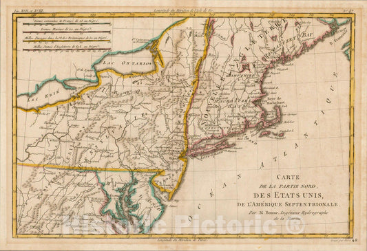 Historic Map : Carte De La Partie Nord, Des Etats Unis, de l' Amerique Septentrionale, 1787, Rigobert Bonne, Vintage Wall Art