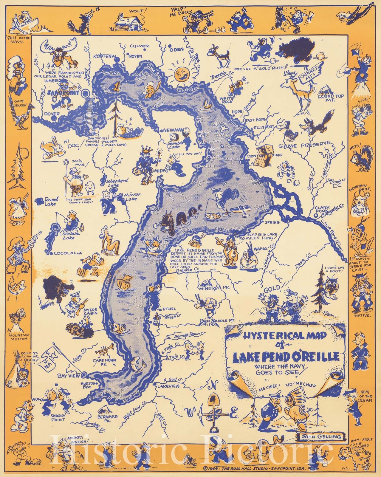 Historic Map : Hysterical Map of Lake Pend O'Reille Where The Navy Goes To See, 1944, Stan Gelling, Vintage Wall Art