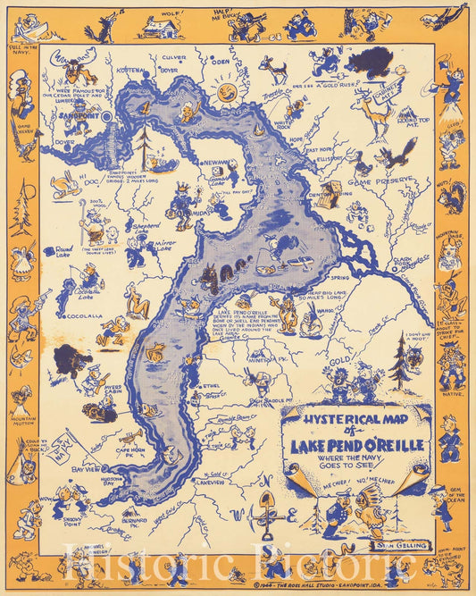 Historic Map : Hysterical Map of Lake Pend O'Reille Where The Navy Goes To See, 1944, Stan Gelling, Vintage Wall Art