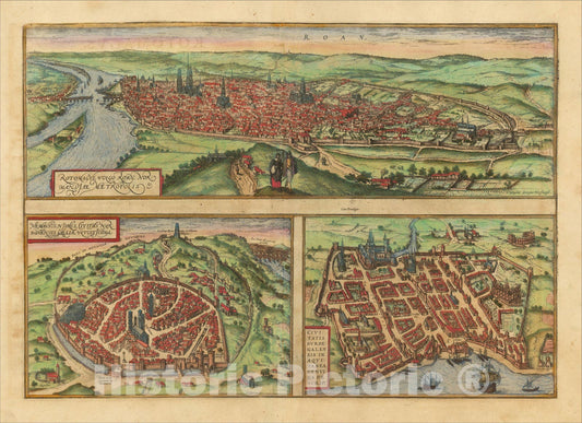 Historic Map : (Rouen, Nimes & Bordeaux) Rotomagus Vulgo Roan Normandie Metropolis, Nemausus, Nismes, Civitas Narbonensis, c1572, Georg Braun, Vintage Wall Art