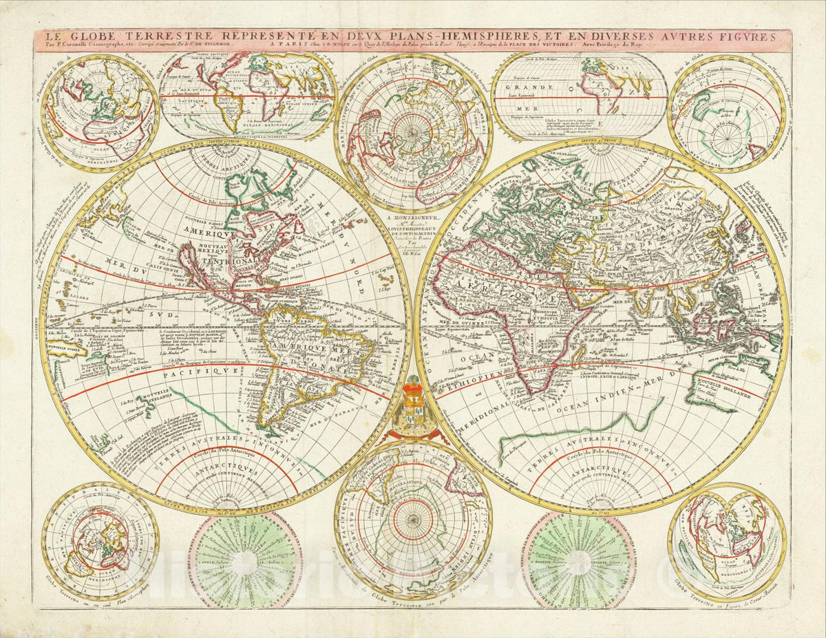 Historic Map : Le Globe Terrestre Represente En Deux Plans-Hemispheres et en Diverses Autres Figures, 1699, 1699, Vincenzo Maria Coronelli, Vintage Wall Art