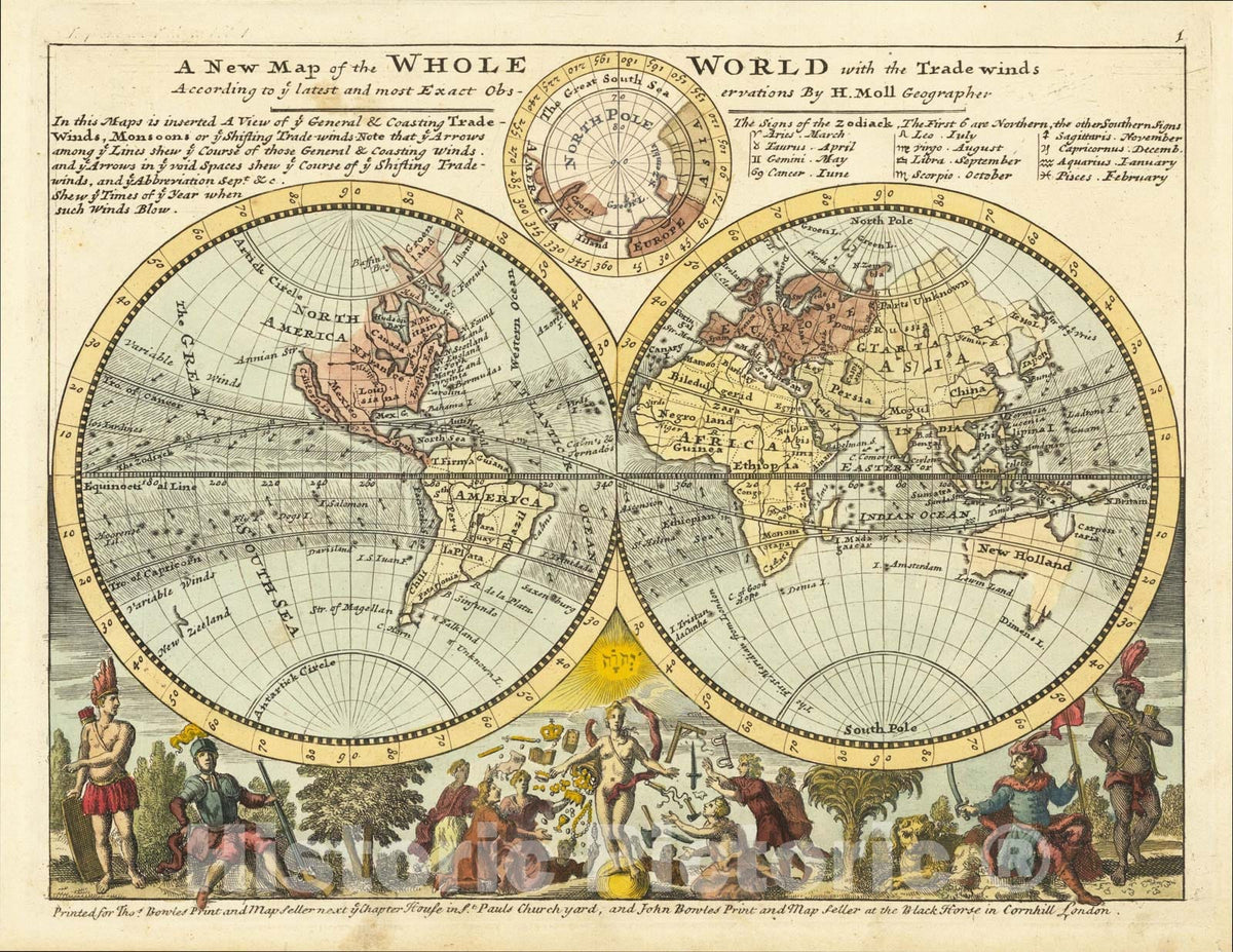 Historic Map : A New Map of the Whole World with the Tradewinds According To The Latest and Most Exact Observations, c1730, Herman Moll, Vintage Wall Art
