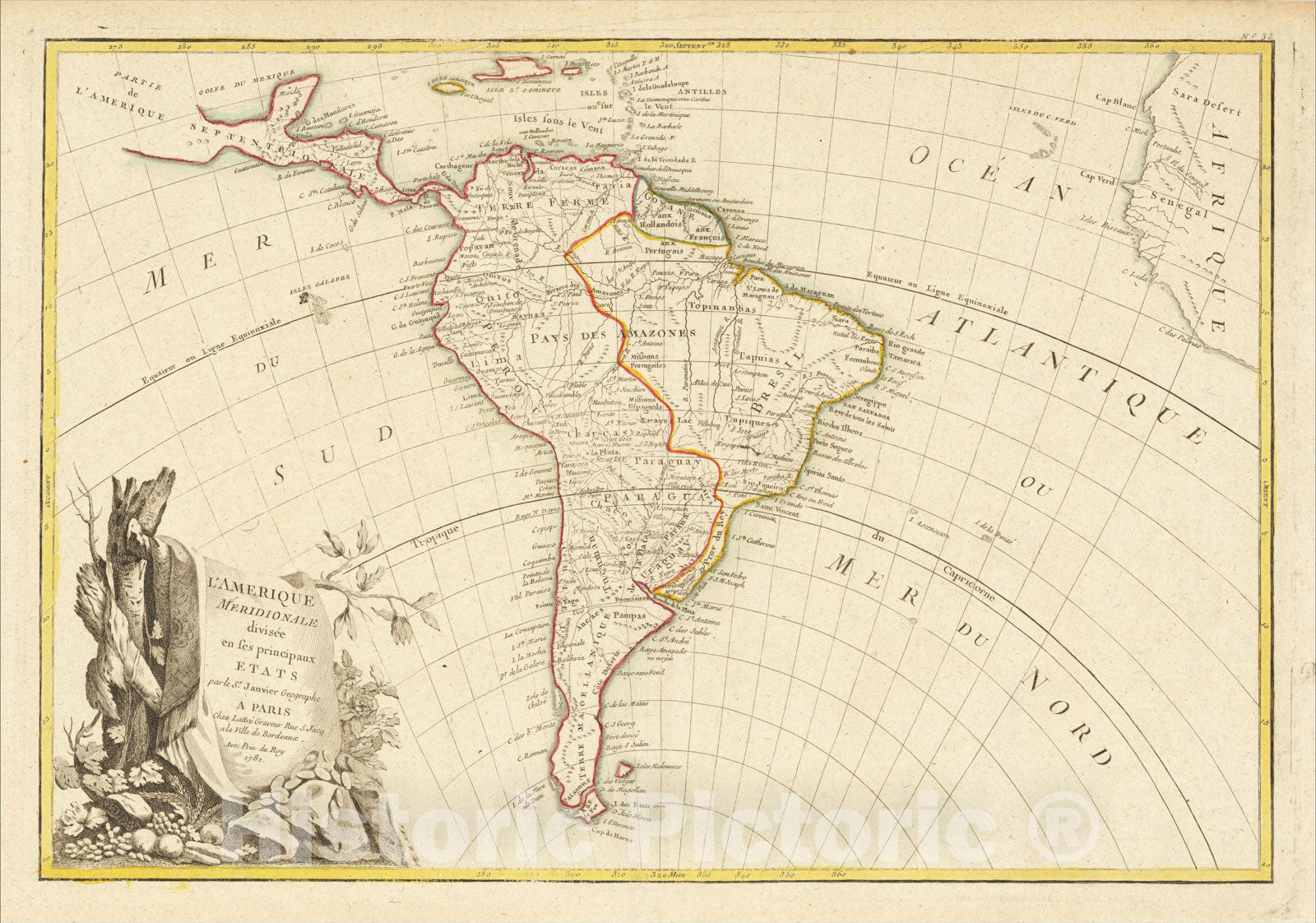 Historic Map : L'Amerique Meridionale divisee en ses principaux Etats, 1782, 1782, Jean Janvier, Vintage Wall Art