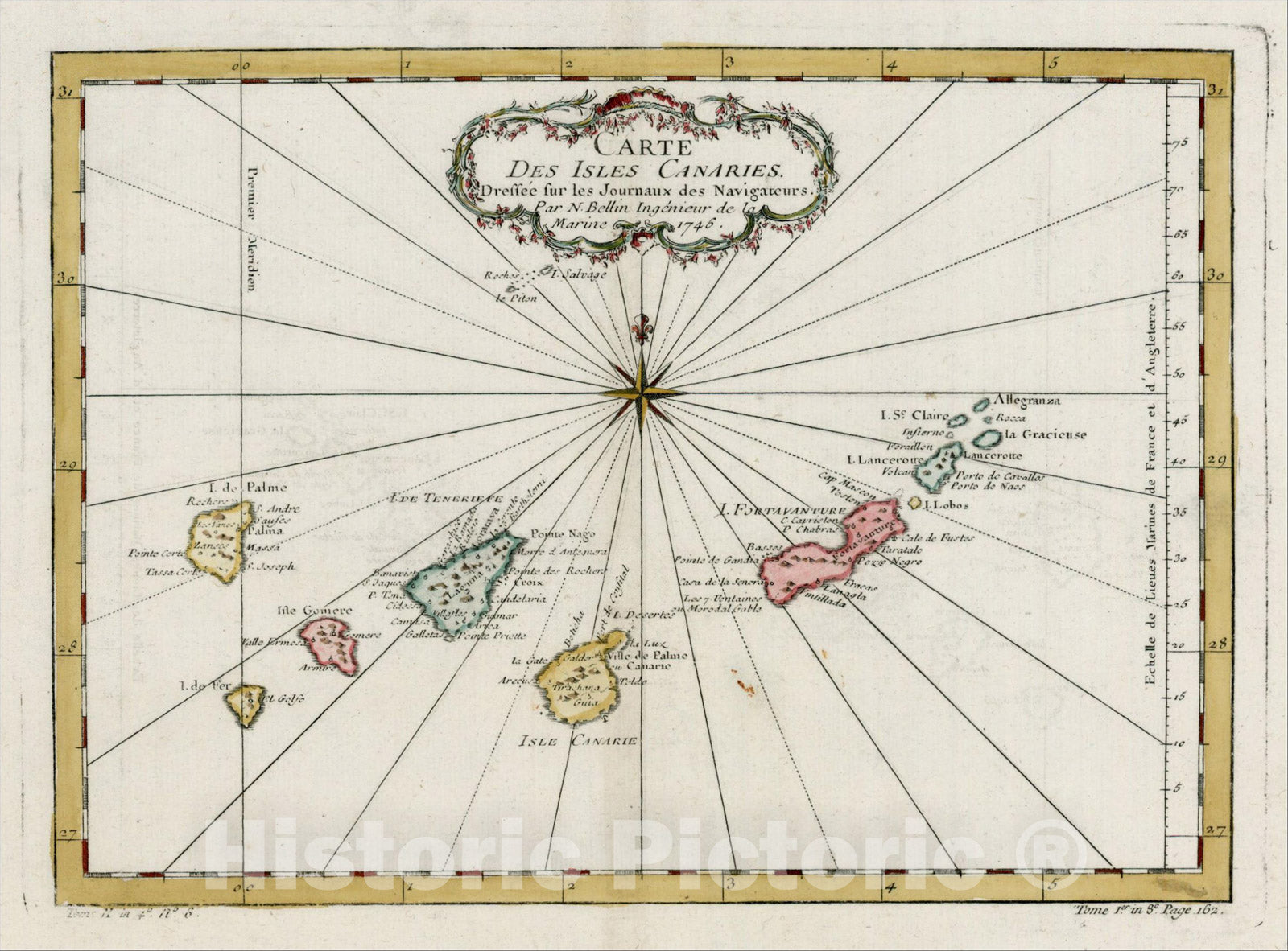 Historic Map : Carte Des Isles Canaries, 1746, 1757, Jacques Nicolas Bellin, Vintage Wall Art