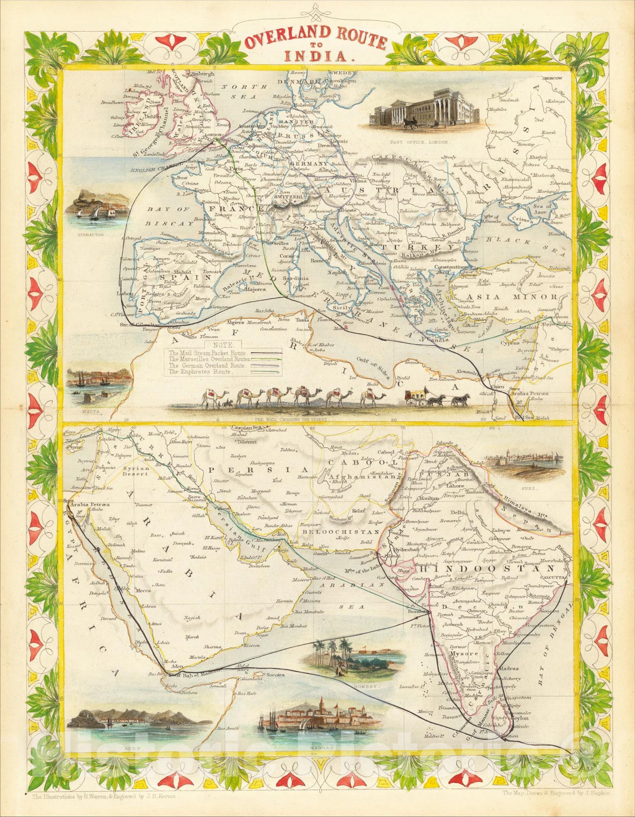 Historic Map : Overland Route To India, 1851, John Tallis, v2, Vintage Wall Art