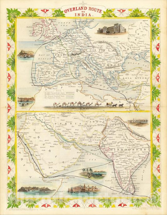 Historic Map : Overland Route To India, 1851, John Tallis, v2, Vintage Wall Art