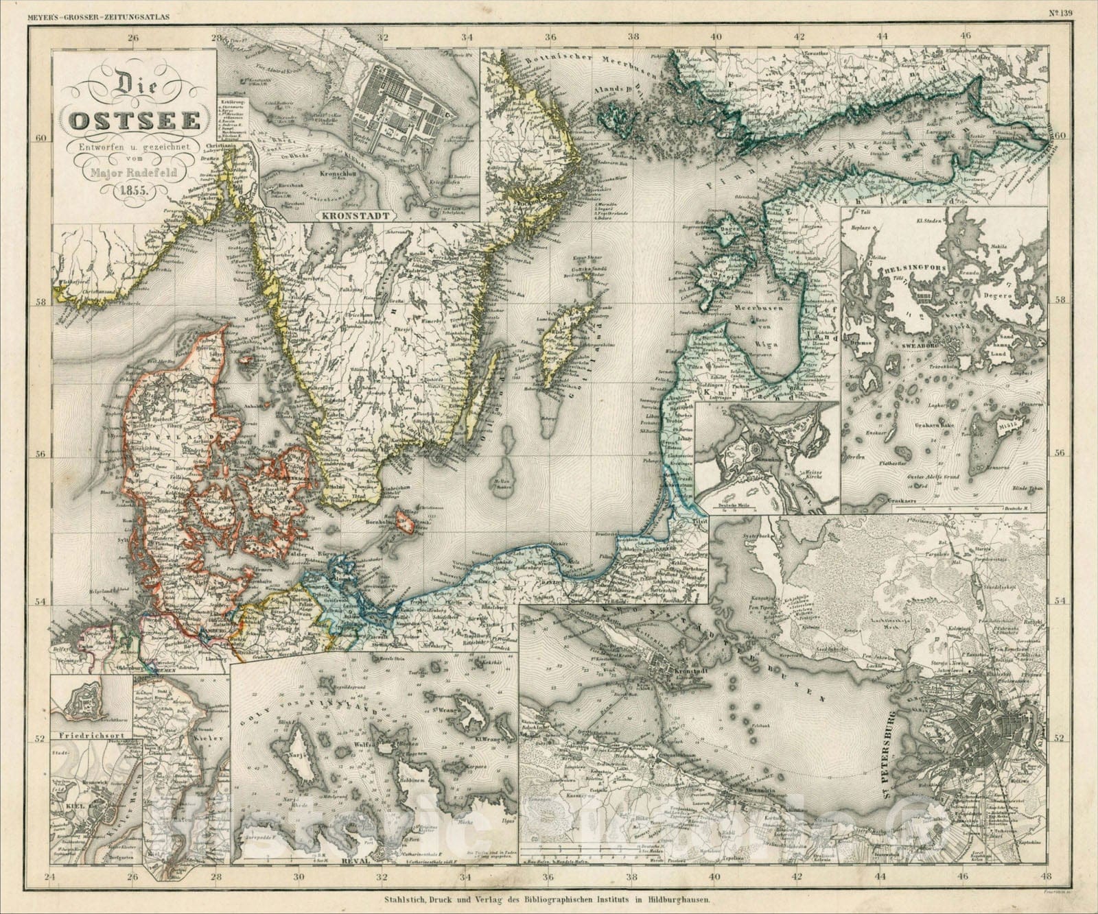 Historic Map : Die Ostzee Entworfen u gezeichnet vom Major Radefeld 1855 (with insets of St. Petersberg, Helingfors and Kronstadt, etc.), 1855, , Vintage Wall Art