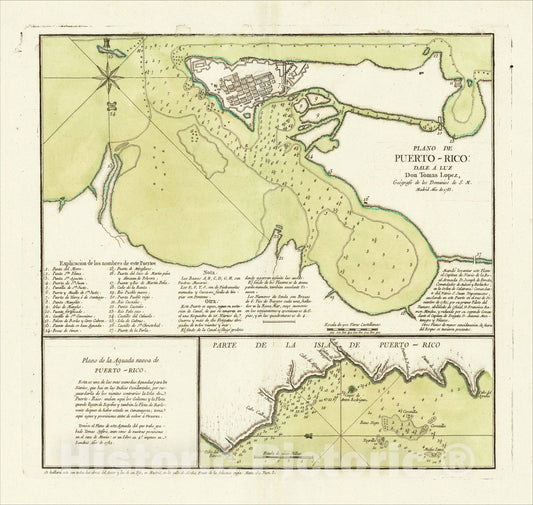 Historic Map : Plano de Puerto-Rico: Dale A Luz, 1785 - Plano de la Aguada nueva de Puerto-Rico, c1785, Don Juan Lopez, Vintage Wall Art