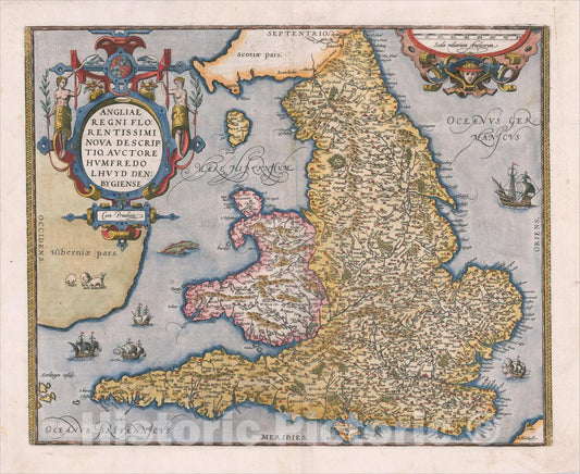 Historic Map : Angliae Regni Florentissimi Nova Descriptio Auctore Humfredo Lhuyd Denbygiense, 1574, Abraham Ortelius, Vintage Wall Art
