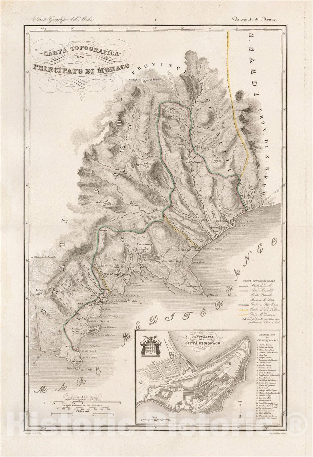 Historic Map : Carta Topografica del Principato di Monaco. [With inset:] Topografia della Citta di Monaco, c1844, Attilio Zuccagni-Orlandin, Vintage Wall Art