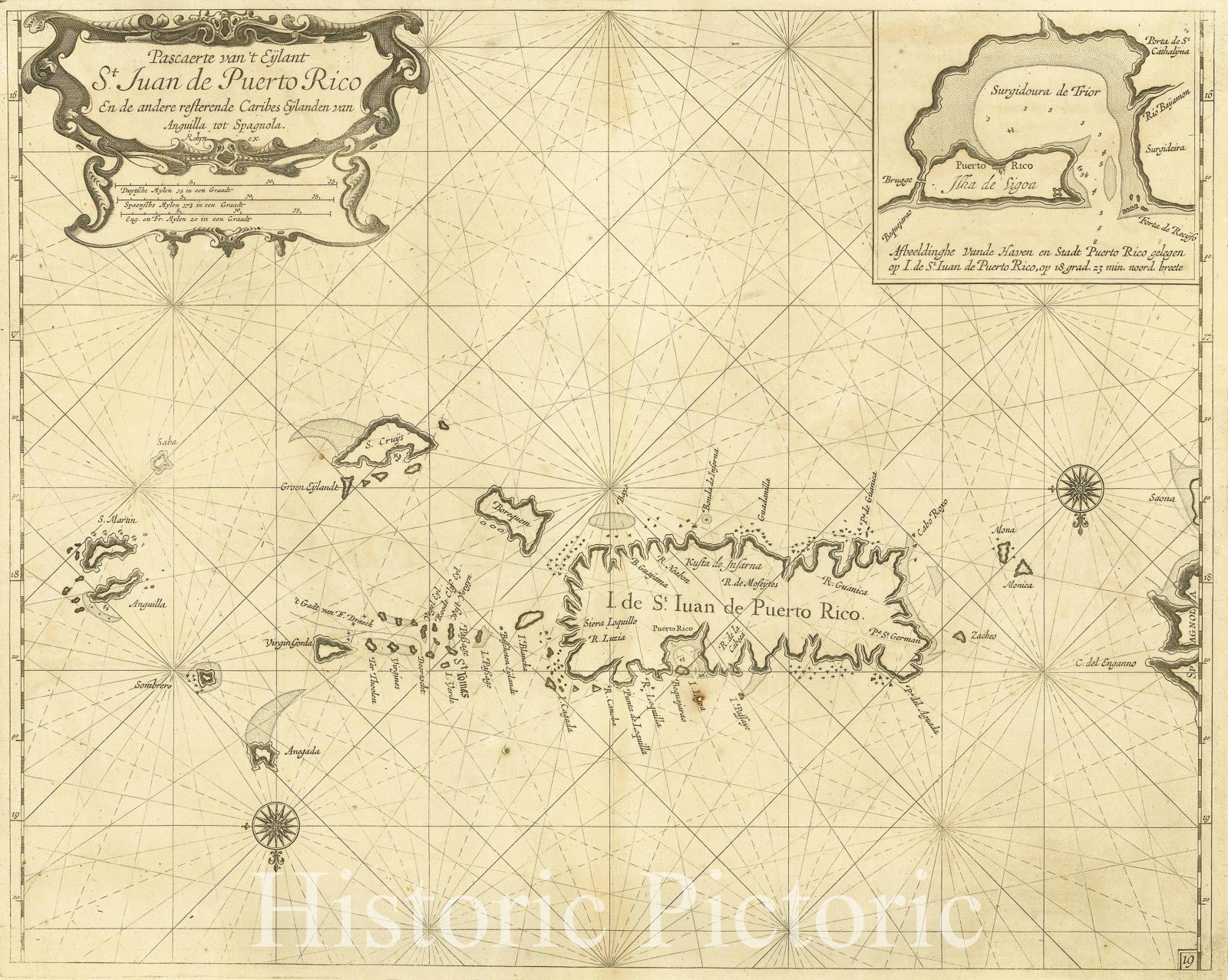 Historic Map : Pascaerte van't Eylant St. Juan de Puerto Rico en de andere resterend Caribes Eylanden van Anguilla tot Spagnola Robijn ex., 1678, v2, Vintage Wall Art
