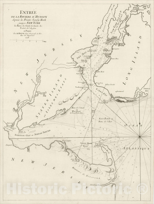 Historic Map : Entree de la Riviere D'Hudson depuis la Pointe Sandy Hook jusqu'a New York les Bancs, les Sondes les Guides &c 1778, 1778, , Vintage Wall Art