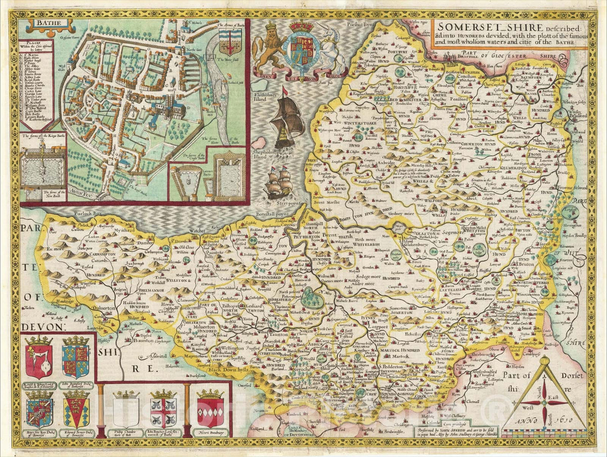 Historic Map : Somerset-Shire Described ad in to Hundreds devided, with the plott of the famous wholsom waters and citie of the Bathe. by I.S., c1611, Vintage Wall Art
