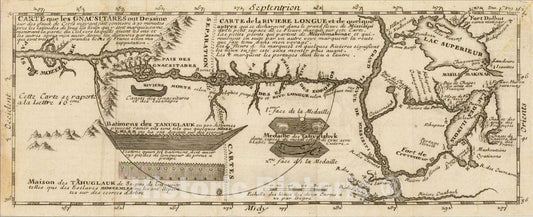 Historic Map : Carte que les Gnacsitares ont Dessine sur, Carte de la Riviere Longue le Grand Fleuve Missisipi, 1703, v4, Vintage Wall Art