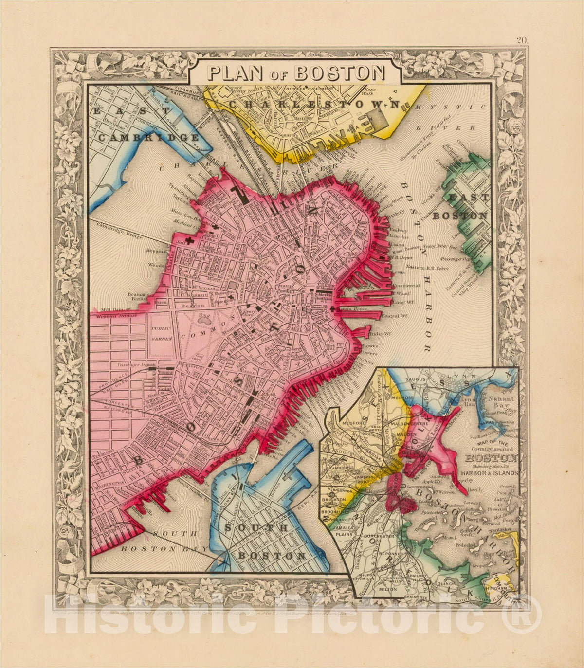 Historic Map : Plan of Boston, 1863, Samuel Augustus Mitchell Jr., Vintage Wall Art