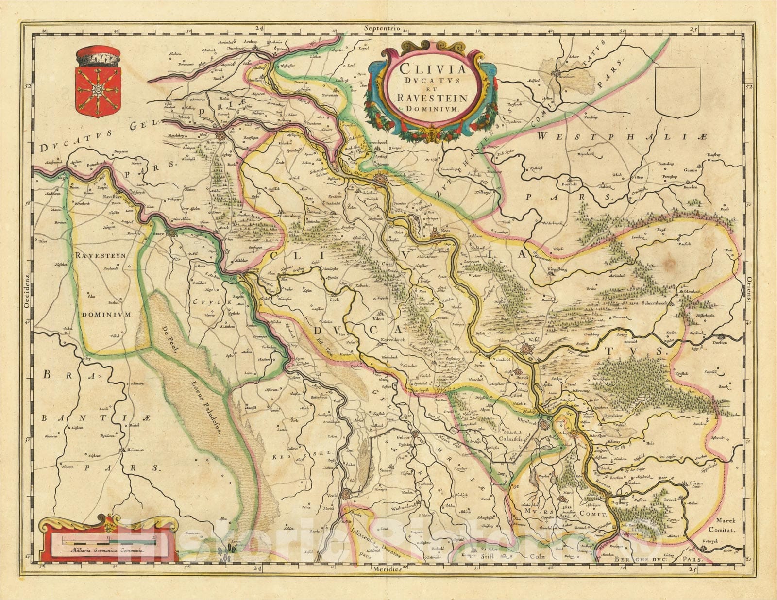 Historic Map : Clivia Ducatus et Ravenstein Dominium, 1640, Willem Janszoon Blaeu, Vintage Wall Art