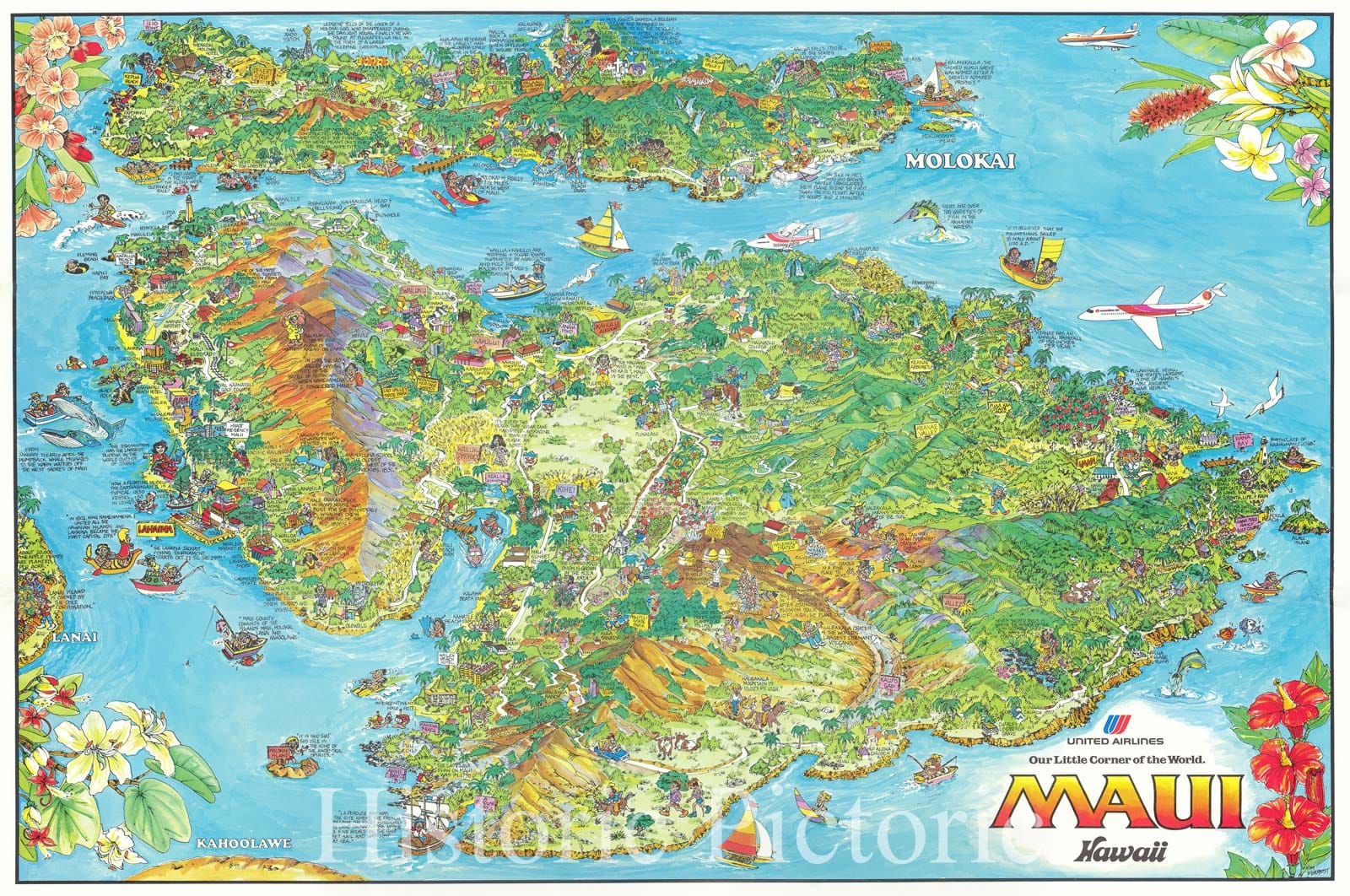 Historic Map : (Maui) United Airlines Our Little Corner of the World. Maui Hawaii, 1979, Kim Forrest, Vintage Wall Art