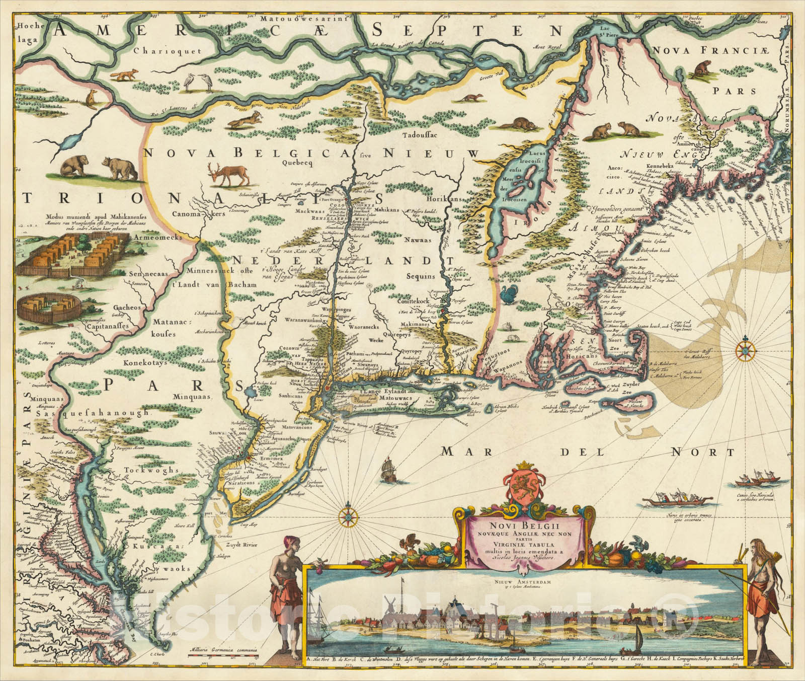 Historic Map : Novi Belgii Novaeque Angliae Nec Non partis Virginiae Tabula multis in locis emendata, 1656, Nicolaes Visscher I, Vintage Wall Art