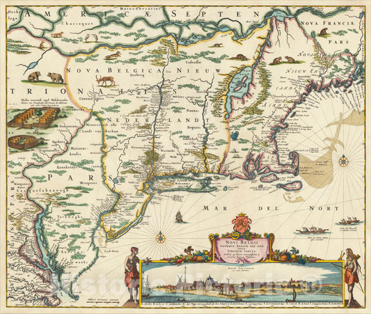 Historic Map : Novi Belgii Novaeque Angliae Nec Non partis Virginiae Tabula multis in locis emendata, 1656, Nicolaes Visscher I, Vintage Wall Art