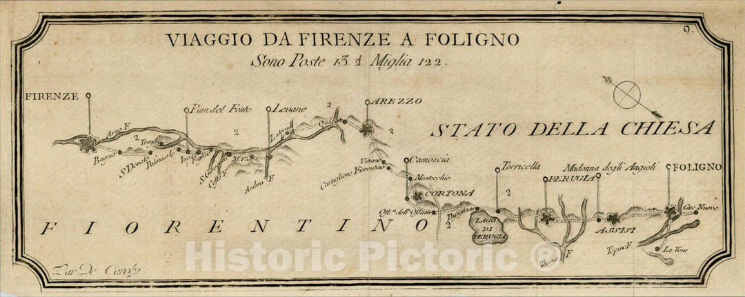 Historic Map : Viaggio Da Firenze a Foligno Sono Post 13. 1, c1780, Francesco De Caroly, Vintage Wall Art