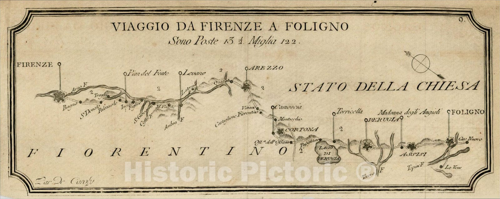Historic Map : Viaggio Da Firenze a Foligno Sono Post 13. 1, c1780, Francesco De Caroly, Vintage Wall Art