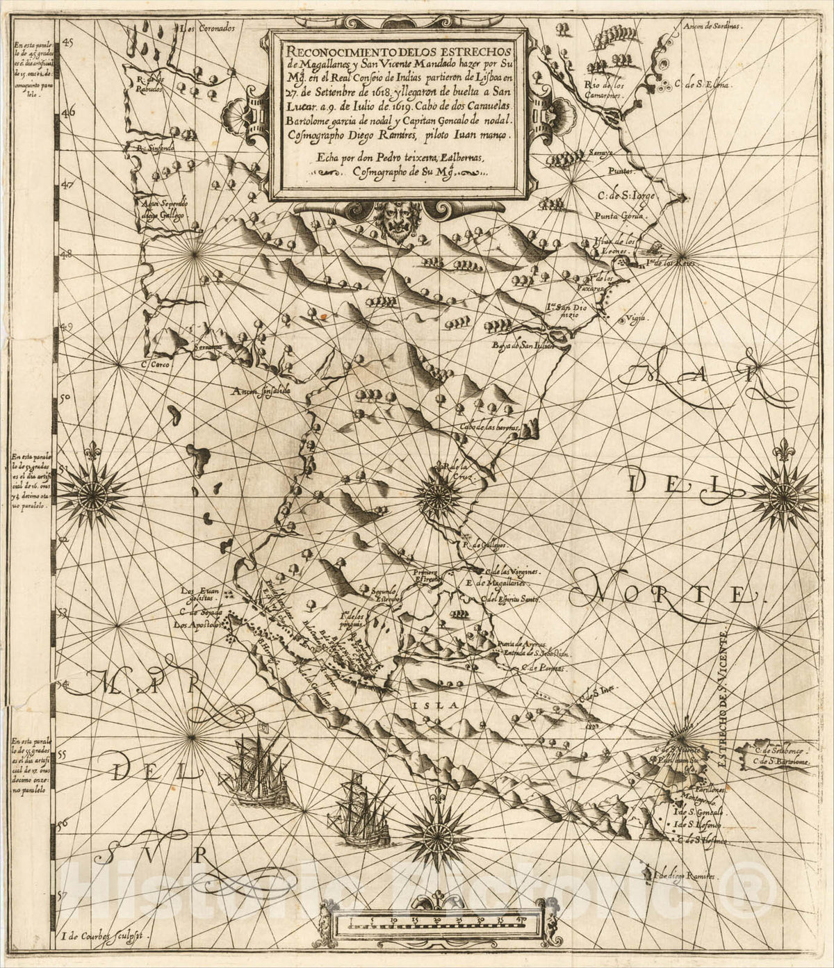 Historic Map : Reconocimiento De Los Estrechos de Magallanes y San Vicente Mandado hazer por Su Mdg, 1621, Pedro Teixeira, Vintage Wall Art