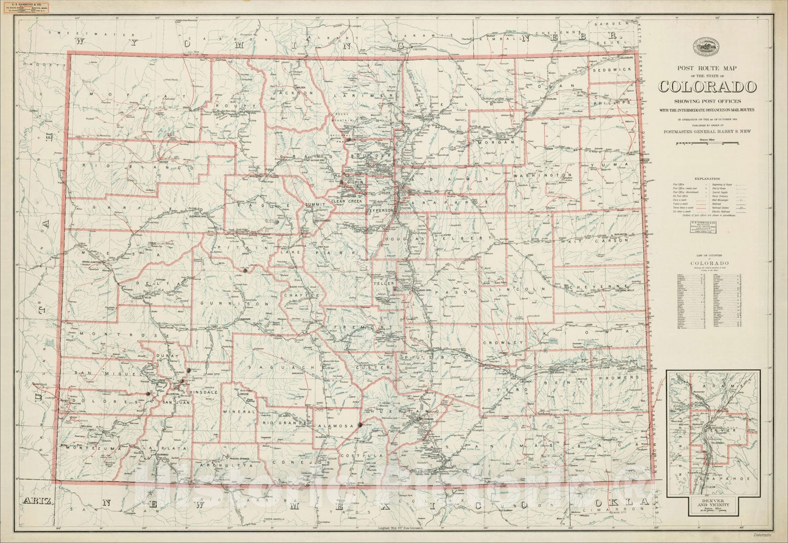 Historic Map : Post Route Map of the State of Colorado Showing Post Offices With The Intermediate Distances On Mail Routes, 1924, Vintage Wall Art