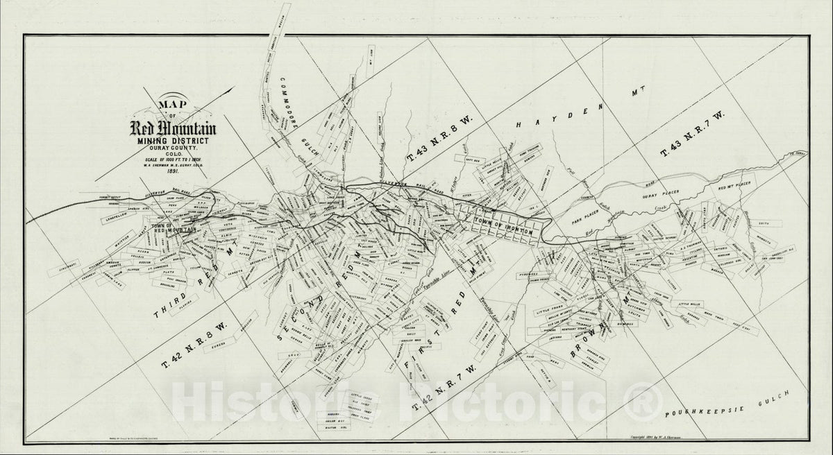 Historic Map : Map of Red Mountain Mining District Ouray County, Colo. 1891, 1891, W. A. Sherman, v2, Vintage Wall Art