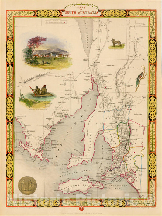 Historic Map : Part of South Australia, 1851, John Tallis, v5, Vintage Wall Art