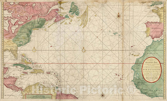 Historic Map : Nieuwe Wassende Graade Zee Kaart over de Spaanse Zee Vant Kanaal tot 't Eyland Cuba In Westindia, c1720, , Vintage Wall Art