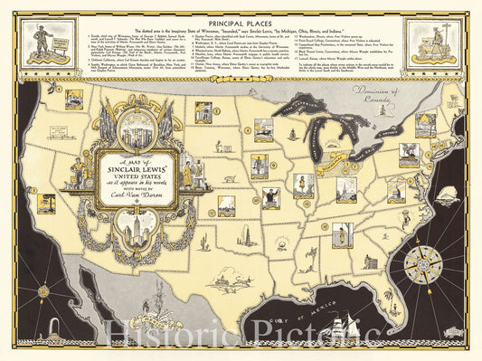 Historic Map : A Map of Sinclair Lewis's United States as it appears in his novels With Notes By Carl Van Doren, 1934, George Annand, Vintage Wall Art