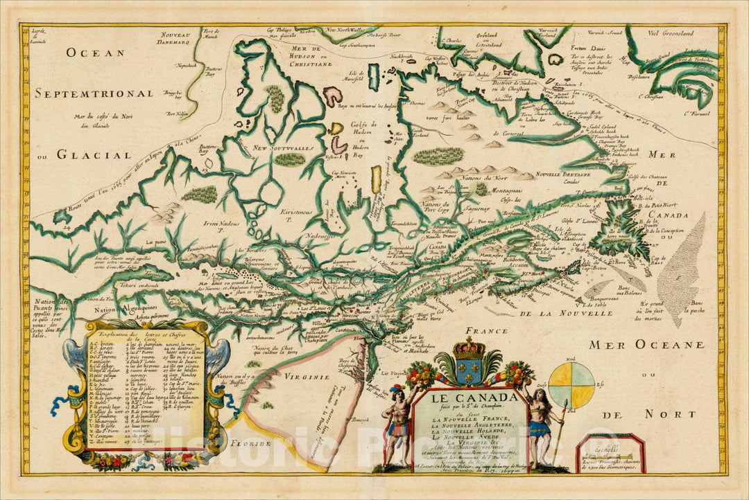 Historic Map : Le Canada faict. ou sont La Nouvelle France, La Nouvelle Angleterre, La Nouvelle Holande, La Nouvelle Suede, La Virginie, 1677, Vintage Wall Art