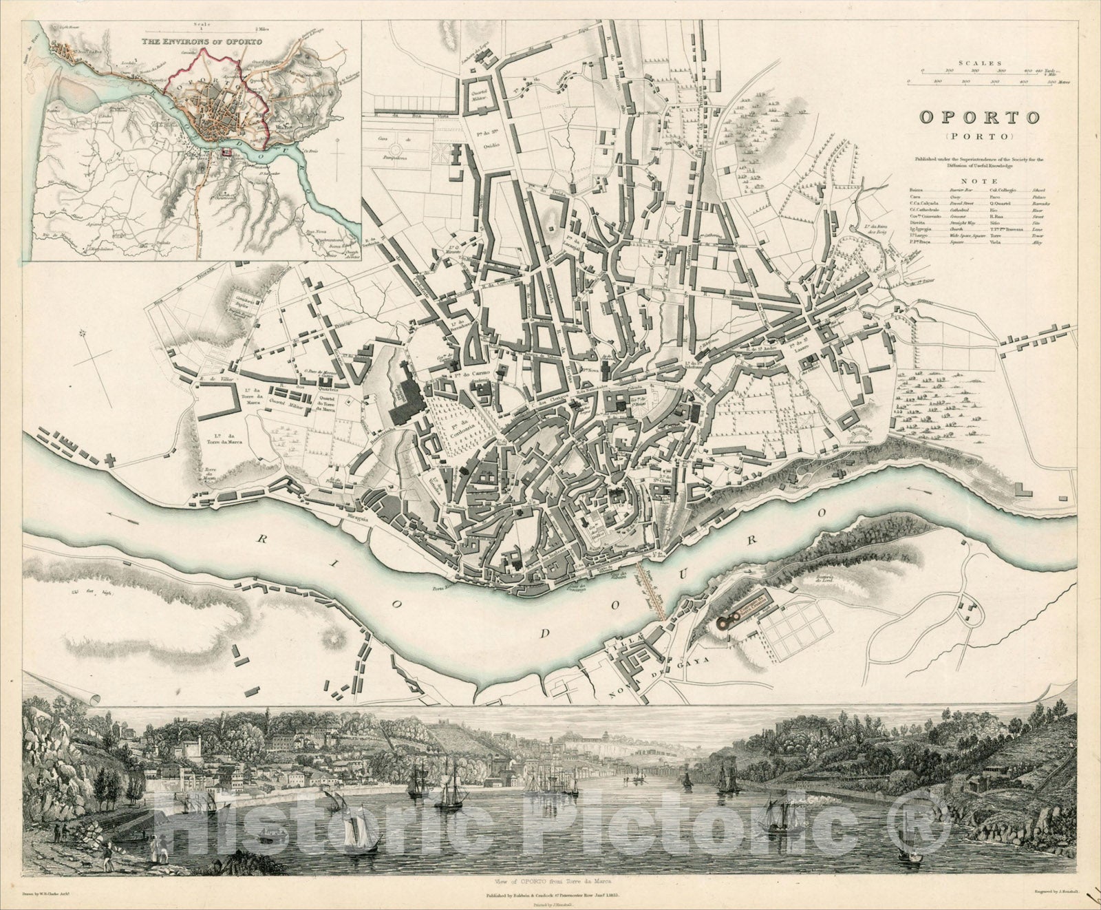 Historic Map : Oporto [Porto], 1833, Society for the Diffusion of Useful Knowledge, Vintage Wall Art