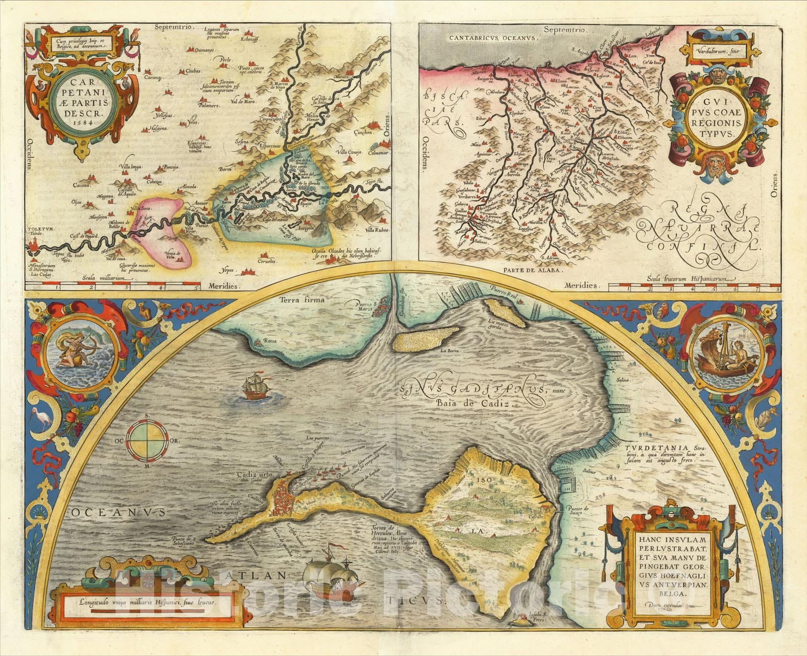 Historic Map : Hanc Insulam Perlustrabat . . .[Bay of Cadiz] with Carpetaniae, 1584 [Toledo] with Guipuscoae Regionis Typus, c1603, Abraham Ortelius, Vintage Wall Art