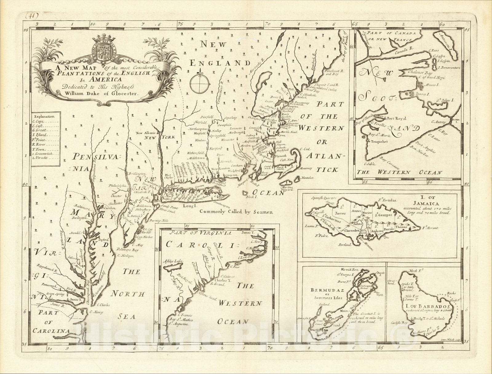 Historic Map : A New Map of the most Considerable Plantations of the English In America Dedicated to His Highness William Duke of Glocester., 1700, Vintage Wall Art