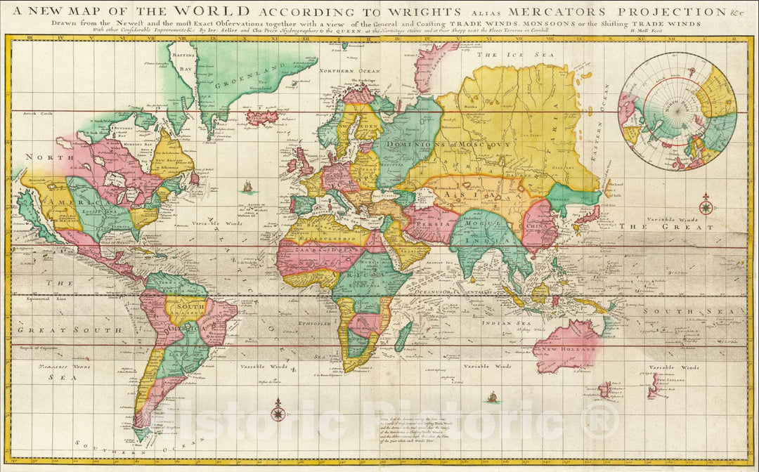 Historic Map : A New Map of the World According To Wright's Alias Mercator's Projection andc ., 1700, Charles Price, Vintage Wall Art