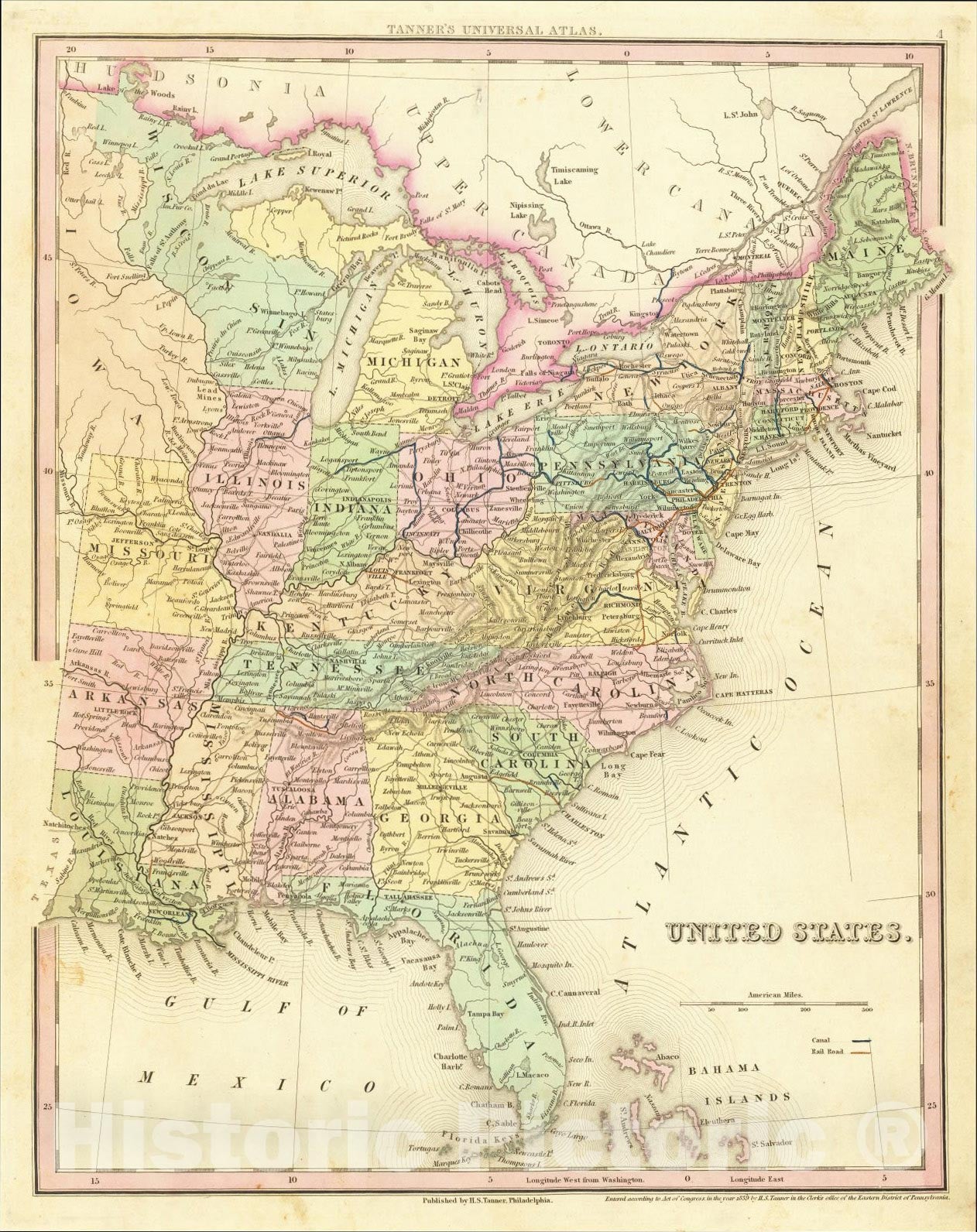 Historic Map : United States, 1839, Henry Schenk Tanner, Vintage Wall Art